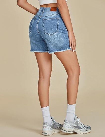 FleXclusive Jean Shorts for Women Trendy High Waisted Stretchy Denim Summer Raw Hem Mom Long Shorts Cutoff Jorts