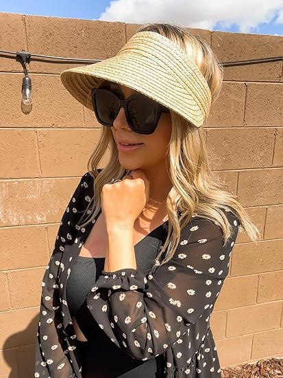 Sun Visor Hats for Women Wide Brim Straw Visors Womens Foldable Beach Visors Summer Packable Ponytail Beach Hat