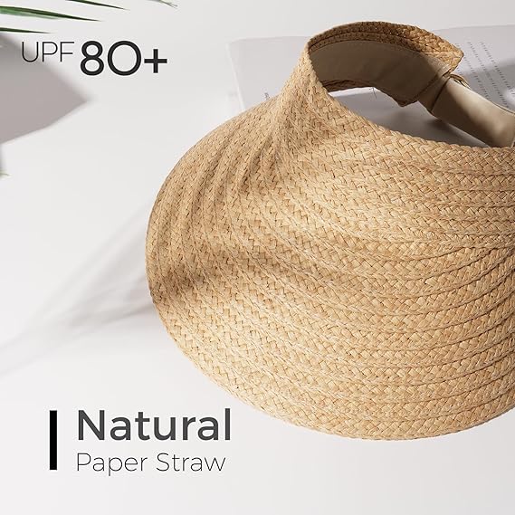 Sun Visor Hats for Women Wide Brim Straw Visors Womens Foldable Beach Visors Summer Packable Ponytail Beach Hat