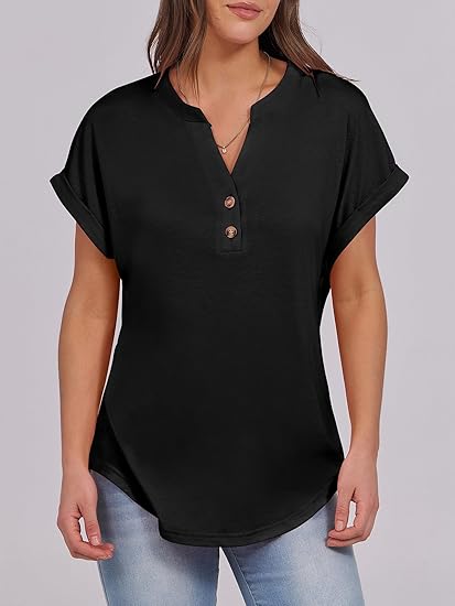 Womens Short Sleeve Henley Tops V Neck Dressy Casual Blouses Summer Trendy Tee Shirts 2025 Vacation Fashion Clothes