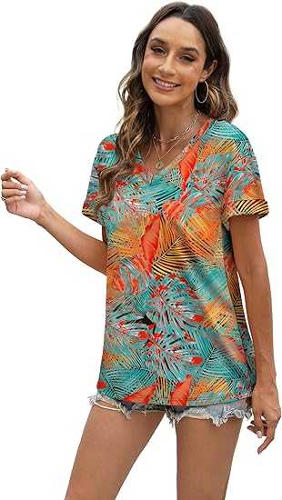 Womens T Shirts Short Sleeve Summer Tops Cute V Neck Casual Blouses