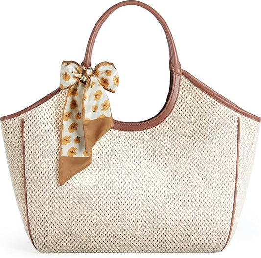 Beach Bags for Women Large Straw Tote Raffia Woven Shoulder Bag Sand-Proof for Beach Summer Vacation Travel