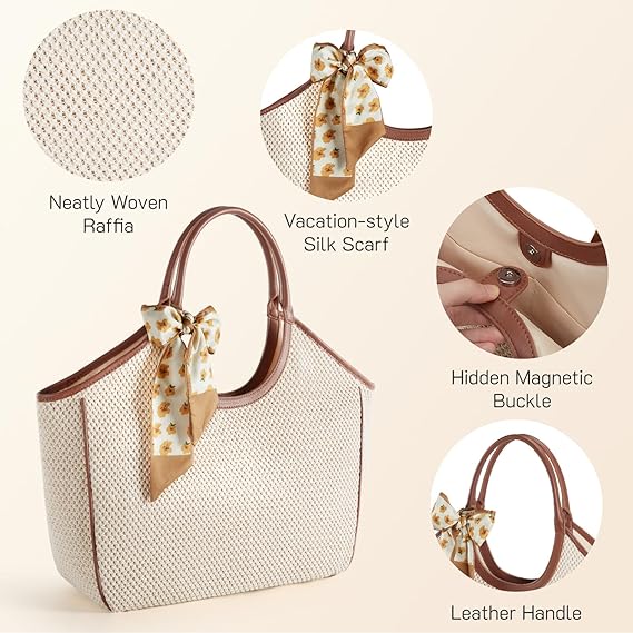 Beach Bags for Women Large Straw Tote Raffia Woven Shoulder Bag Sand-Proof for Beach Summer Vacation Travel