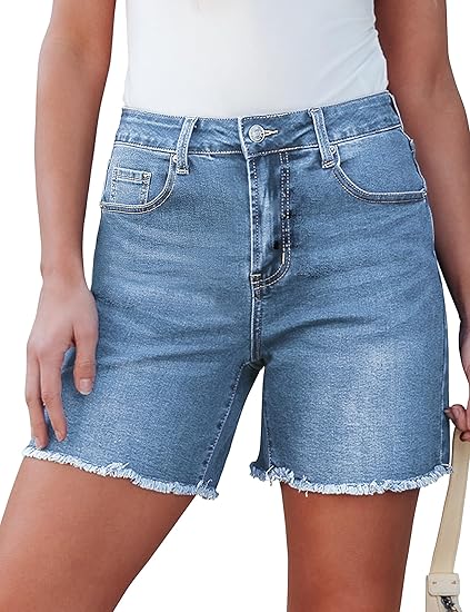 FleXclusive Jean Shorts for Women Trendy High Waisted Stretchy Denim Summer Raw Hem Mom Long Shorts Cutoff Jorts