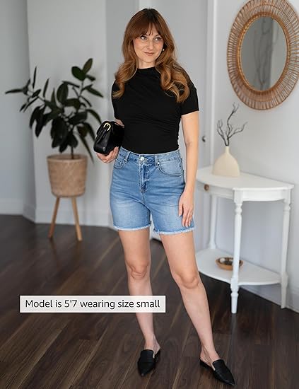 FleXclusive Jean Shorts for Women Trendy High Waisted Stretchy Denim Summer Raw Hem Mom Long Shorts Cutoff Jorts