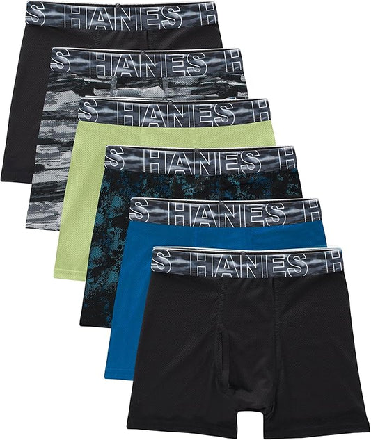 Boys' Big Performance Tween Boxer Brief Pack, X-Temp Mesh Stretch Underwear, Black, 6-Pack