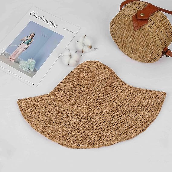 Women Straw Hat Wide Brim Beach Sun Cap Foldable Large Lady Floppy 100% Natural Paper Braided for Travel Summer Vacation