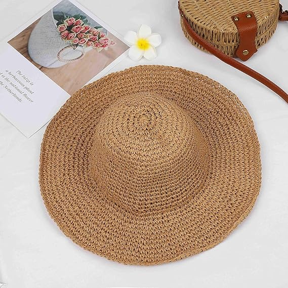 Women Straw Hat Wide Brim Beach Sun Cap Foldable Large Lady Floppy 100% Natural Paper Braided for Travel Summer Vacation