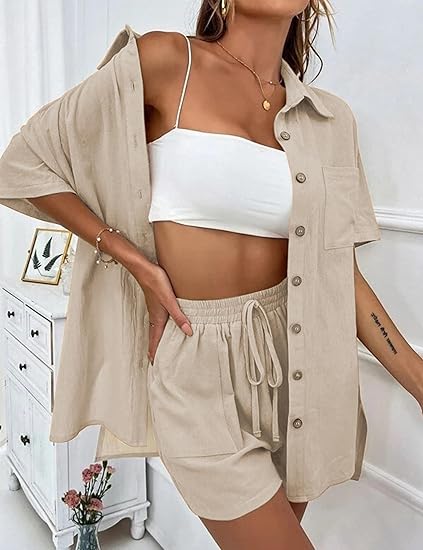 Linen Short Sets for Women Short Sleeve Top Shorts 2 Piece Summer Beach Vacation Outfits Lounge Tracksuits 阿里国际以图找货
